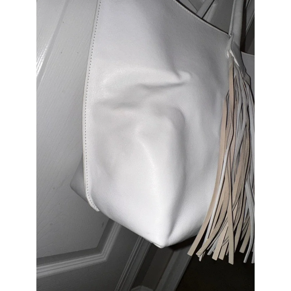 Sara Battaglia White Leather Fringe Tote Bag Designer Handbag‎ Purse